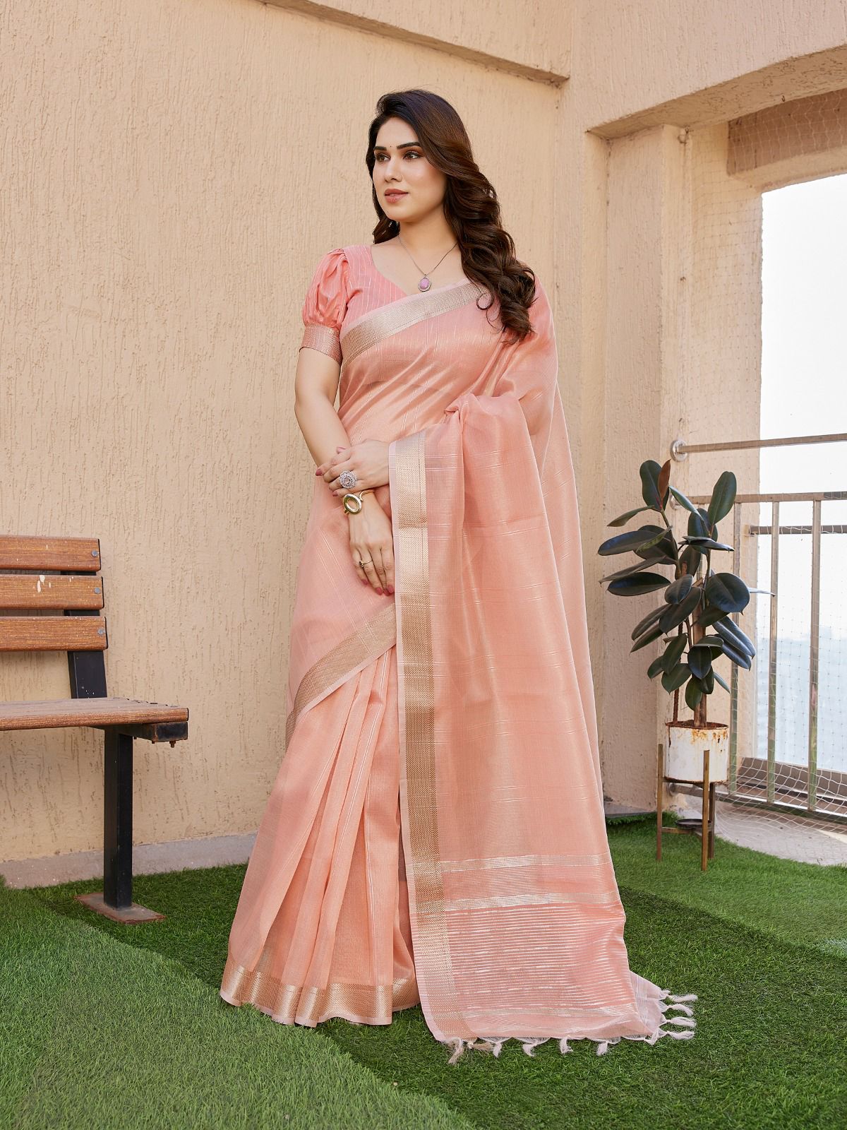 Soft Tissue Linen  with Rich Zari Linings and Weave Pallu  Cotton Silk Saree